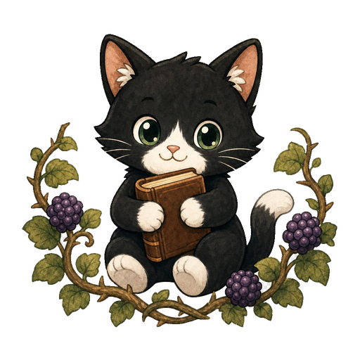 The Bramble cat, reading a book among blackberry vines